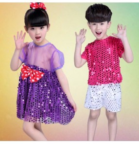 Violet purple sequined fuchsia hot pink girls boys toddlers baby jazz dance modern dance stage performance costumes clothes